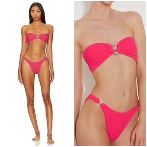 NWT Hunza G Nicole Bikini Set Hot Pink Silver Heart Embellished Strapless Swim